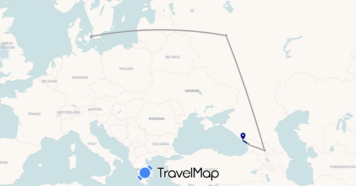 TravelMap itinerary: driving, plane in Denmark, Georgia, Russia (Asia, Europe)